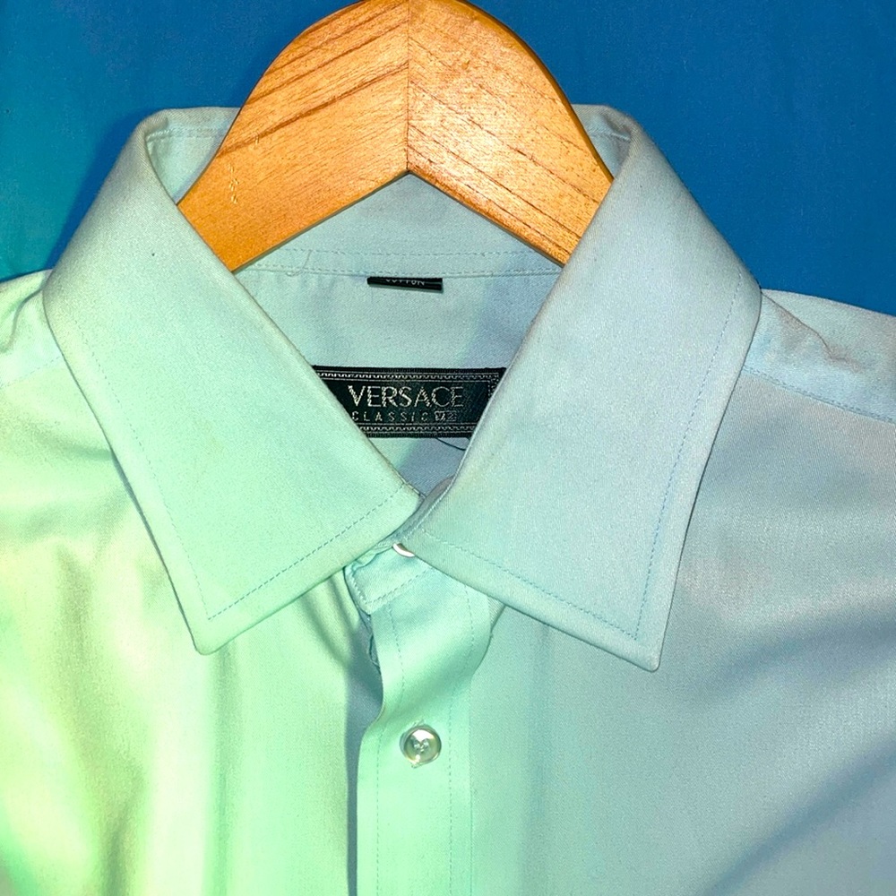 Fantastic, baby blue Versace classic long sleeve button-down shirt for men.